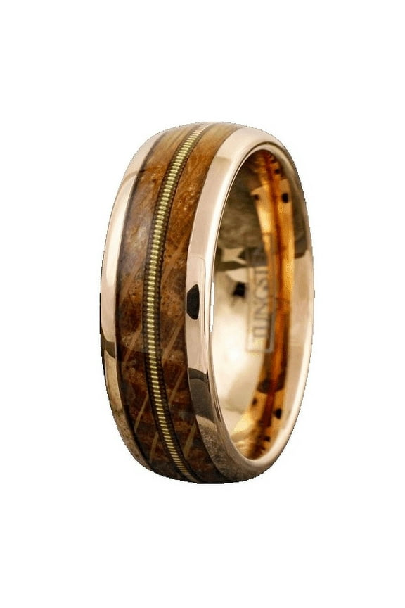 Tungsten Rings for Men Wedding Bands for Him Womens Wedding Bands for Her 8mm Rose Gold Whiskey Barrel Wood-Guitar
