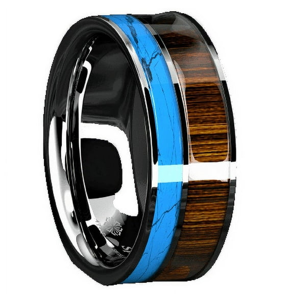 Tungsten Rings for Men Wedding Bands for Him Womens Wedding Bands for Her 8mm Silver Turquoise & Koa Wood Wedding Band Jewelry
