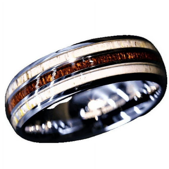 Tungsten Rings for Men Wedding Bands for Him Womens Wedding Bands for Her 8mm Silver With Antler Koa Wood
