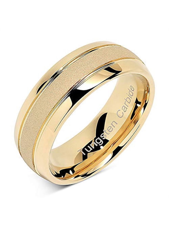 Tungsten Rings for Men Women Gold Wedding Band Sandblasted Finish Dome Edge Sizes 6-16 (Tungsten, 12)