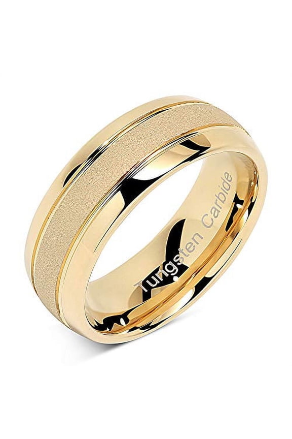 Tungsten Rings for Men Women Gold Wedding Band Sandblasted Finish Dome Edge Sizes 6-16 (Tungsten, 7.5)