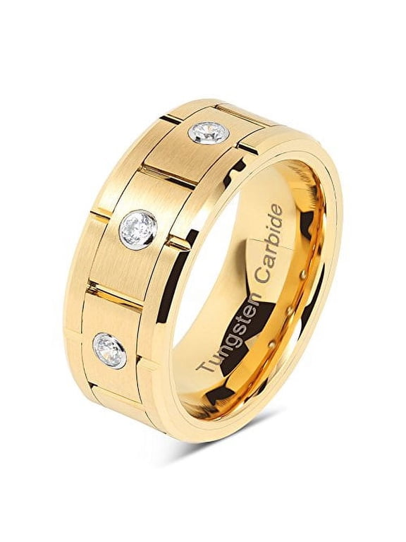 Tungsten Rings for Mens Gold Wedding Bands 3 CZ Inlaid Jewerly Size 8-15 (Tungsten, 12)