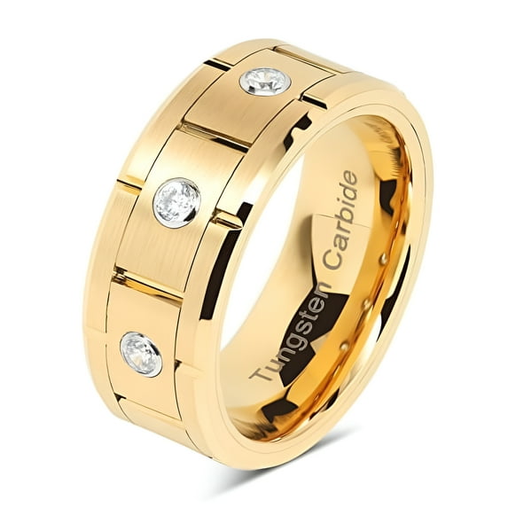 Tungsten Rings for Mens Gold Wedding Bands 3 CZ Inlaid Jewerly Size 8-15 (Tungsten, 15)