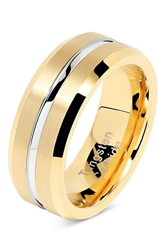 Tungsten Rings for Mens Gold Wedding Bands Silver Grooved Two Tone 8mm Wide Size 6-16 (Tungsten, 10.5)