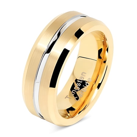 Tungsten Rings for Mens Gold Wedding Bands Silver Grooved Two Tone 8mm Wide Size 6-16 (Tungsten, 8)