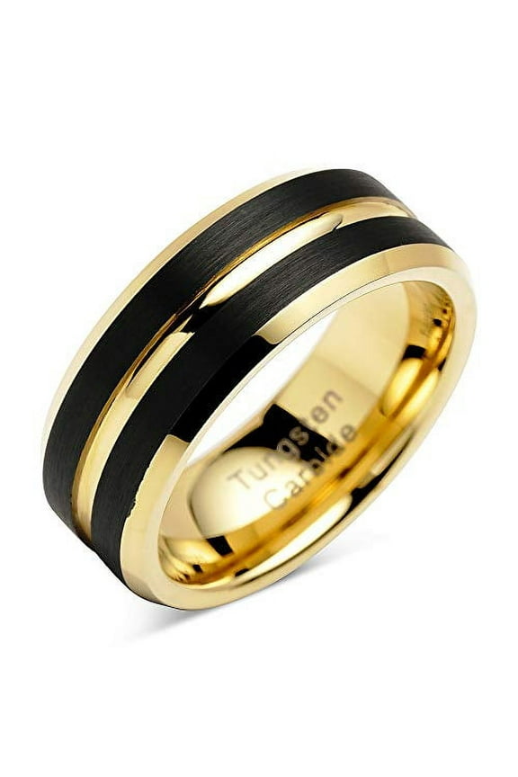 Tungsten Rings for Mens Wedding Bands Black Matte Gold Grooved Center Size 6-16 (Tungsten, 10.5)