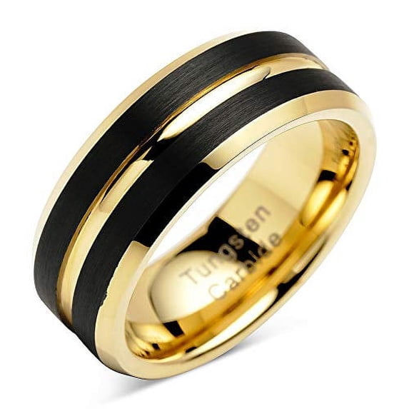 Tungsten Rings for Mens Wedding Bands Black Matte Gold Grooved Center Size 6-16 (Tungsten, 6)