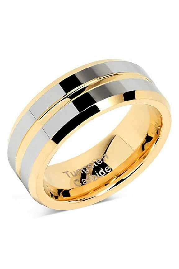 Tungsten Rings for Mens Wedding Bands Gold Silver Two Tone Grooved Center Line Size 6-16 (Tungsten, 8)