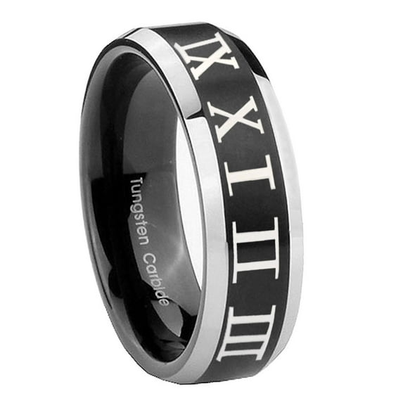 Tungsten Roman Numeral 8mm Brushed Black 2 Tone Beveled Edges Men Ring