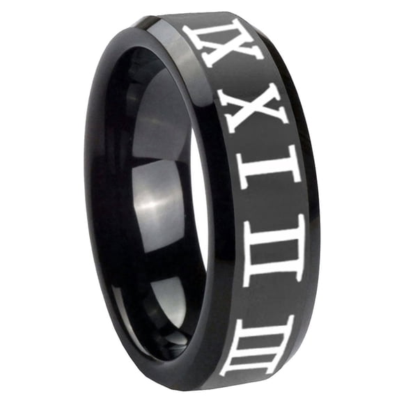 Tungsten Roman Numeral 8mm Glossy Black Polished Beveled Edges Men Ring