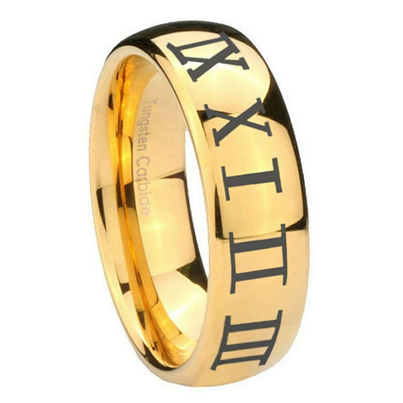 Tungsten Roman Numeral 8mm Glossy Gold Plated Dome Polished Men Ring