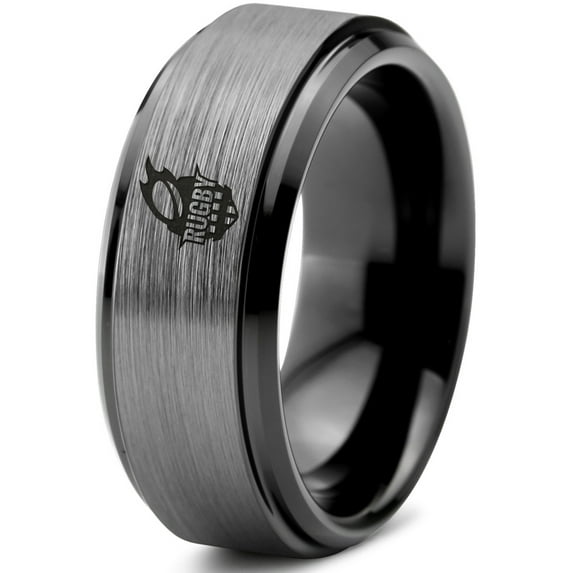 Tungsten Rugby Crest Band Ring 8mm Men Women Comfort Fit Black Step Bevel Edge Brushed Gray Polished