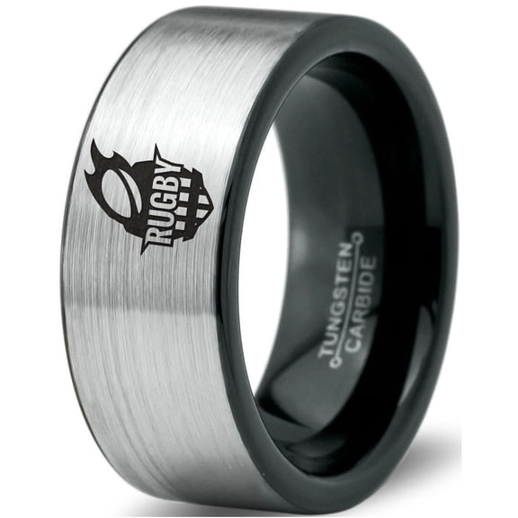 Tungsten Rugby Crest Band Ring 8mm Men Women Comfort Fit Brushed Gray Flat Cut Black Polished
