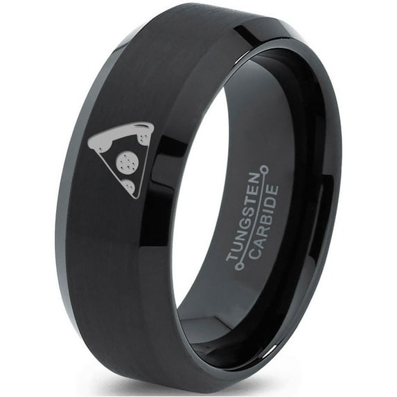 Tungsten Savory Slice Pepperoni Pizza Food Band Ring 8mm Men Women Comfort Fit Black Beveled Edge Brushed Polished
