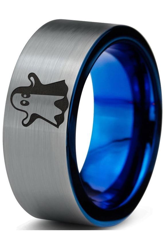 Tungsten Scary Haunting Ghost Emoji Band Ring 8mm Men Women Comfort Fit Blue Flat Cut Brushed Gray Polished