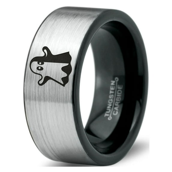 Tungsten Scary Haunting Ghost Emoji Band Ring 8mm Men Women Comfort Fit Brushed Gray Flat Cut Black Polished