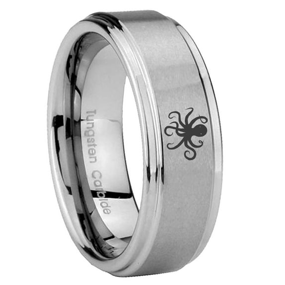 Tungsten Sea Octopus 8mm Brushed Gray Step Edges Men Ring