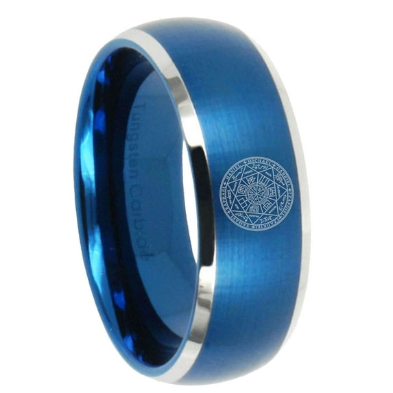 Tungsten Seal of Seven Archangel 8mm Brushed Blue Two Tone Dome Polished Edges Men Ring