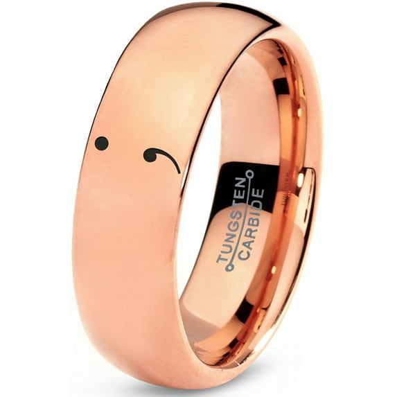 Tungsten Semicolon Punctuation Mark Symbol Band Ring 7mm Men Women Comfort Fit 18k Rose Gold Dome Polished