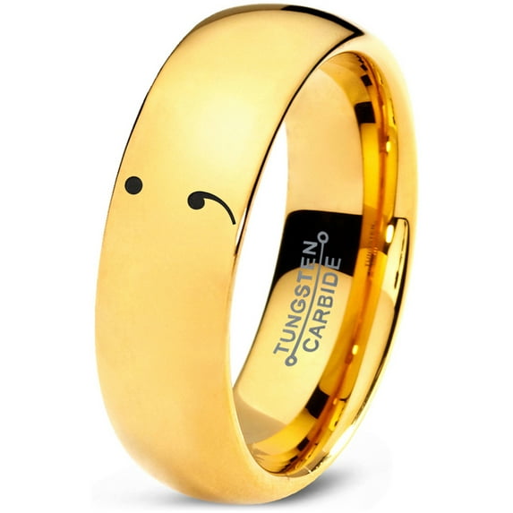 Tungsten Semicolon Punctuation Mark Symbol Band Ring 7mm Men Women Comfort Fit 18k Yellow Gold Dome Polished