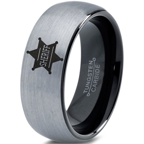 Tungsten Sheriff Deputy Authoriy Crest Badge Band Ring 8mm Men Women Comfort Fit Black Dome Brushed Gray Polished