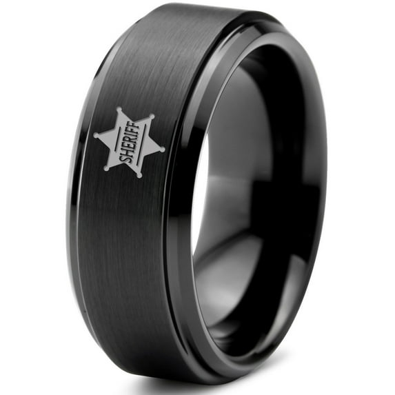 Tungsten Sheriff Deputy Authoriy Crest Badge Band Ring 8mm Men Women Comfort Fit Black Step Bevel Edge Brushed Polished