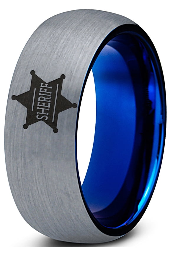 Tungsten Sheriff Deputy Authoriy Crest Badge Band Ring 8mm Men Women Comfort Fit Blue Dome Brushed Gray Polished