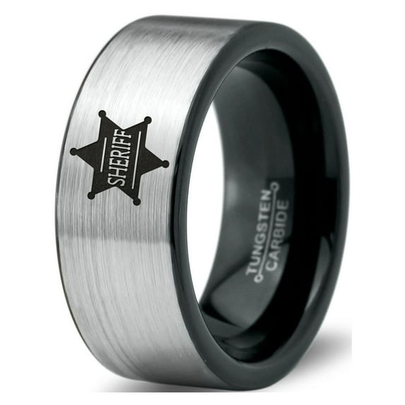 Tungsten Sheriff Deputy Authoriy Crest Badge Band Ring 8mm Men Women Comfort Fit Brushed Gray Flat Cut Black Polished