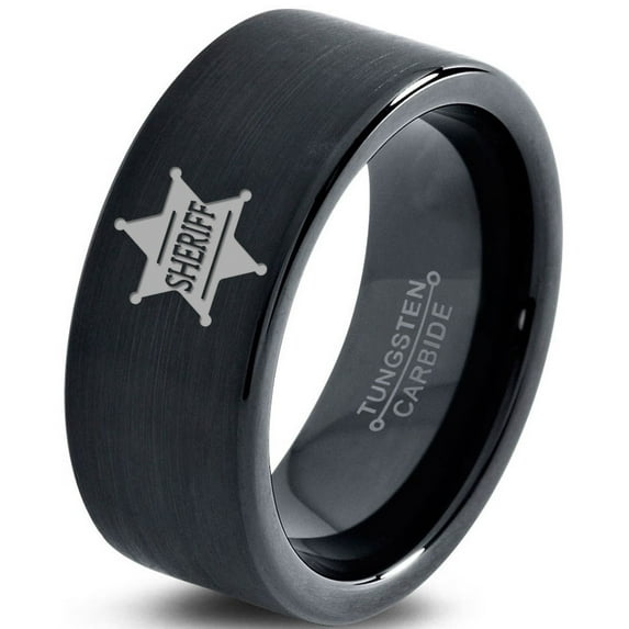 Tungsten Sheriff Deputy Authoriy Crest Badge Band Ring 9mm Men Women Comfort Fit Black Flat Cut Brushed Polished