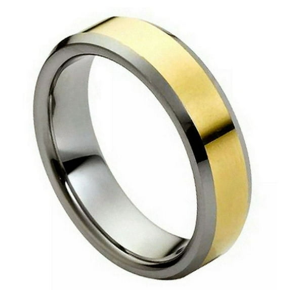 Tungsten Shiny Gold-Tone Plated Center Low Beveled Edge Ring Size 8
