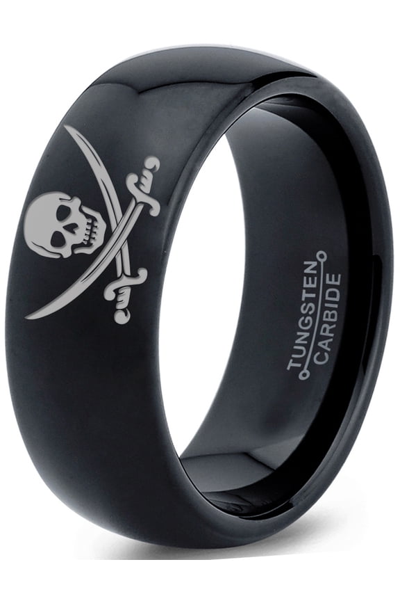 Tungsten Skull Crossbones and Swords Band Ring 8mm Men Women Comfort Fit Black Dome Polished