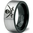 thumbnail image 1 of Tungsten Skull Crossbones and Swords Band Ring 8mm Men Women Comfort Fit Brushed Gray Flat Cut Black Polished, 1 of 4