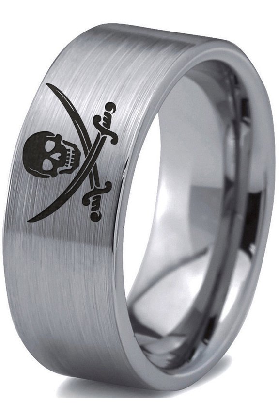 Tungsten Skull Crossbones and Swords Band Ring 8mm Men Women Comfort Fit Gray Flat Cut Brushed Polished