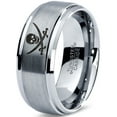 thumbnail image 1 of Tungsten Skull Crossbones and Swords Band Ring 8mm Men Women Comfort Fit Gray Step Bevel Edge Brushed Polished, 1 of 4