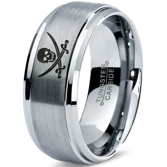 Tungsten Skull Crossbones and Swords Band Ring 8mm Men Women Comfort Fit Gray Step Bevel Edge Brushed Polished