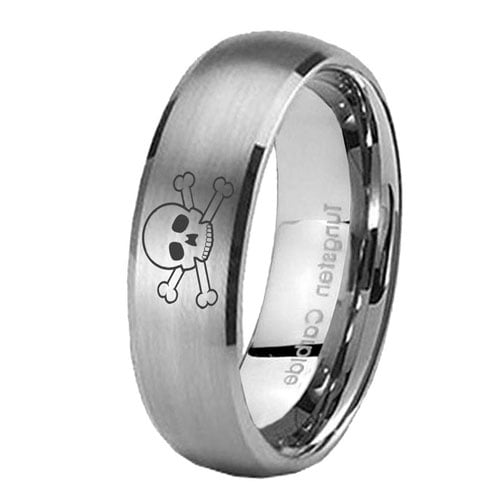 Tungsten Skull Design 8mm Brushed Gray Dome Polished Edges Men Ring