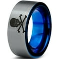 thumbnail image 1 of Tungsten Skull and Cross Bone Heart Emoji Eyes Band Ring 8mm Men Women Comfort Fit Blue Flat Cut Brushed Gray Polished, 1 of 4