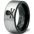 thumbnail image 1 of Tungsten Skull and Cross Bone Heart Emoji Eyes Band Ring 8mm Men Women Comfort Fit Brushed Gray Flat Cut Black Polished, 1 of 4