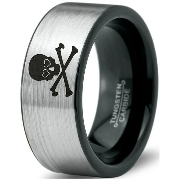 Tungsten Skull and Cross Bone Heart Emoji Eyes Band Ring 8mm Men Women Comfort Fit Brushed Gray Flat Cut Black Polished