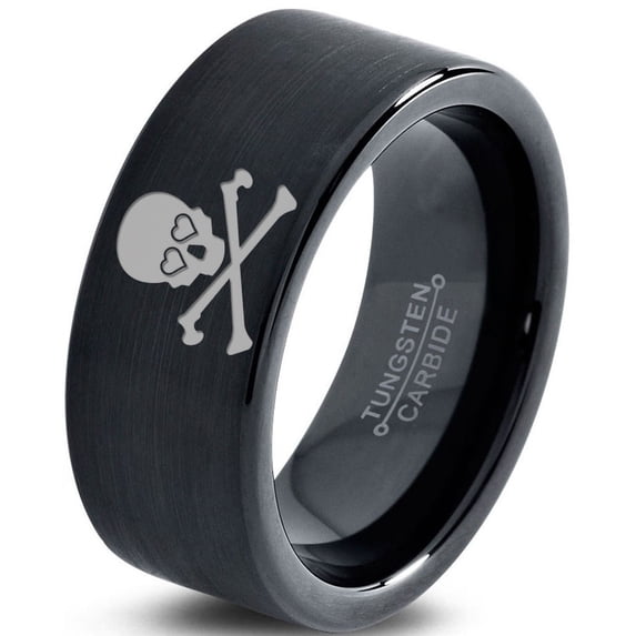 Tungsten Skull and Cross Bone Heart Emoji Eyes Band Ring 9mm Men Women Comfort Fit Black Flat Cut Brushed Polished