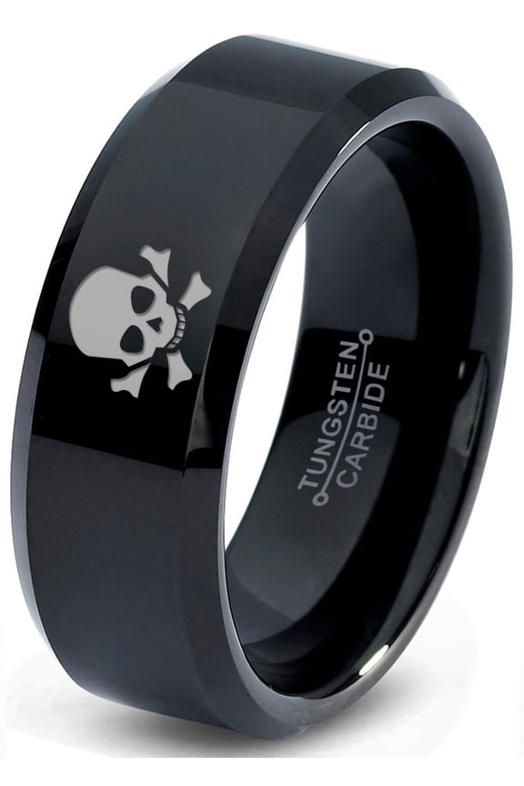 Tungsten Skull and Crossbones Bones Band Ring 8mm Men Women Comfort Fit Black Beveled Edge Polished