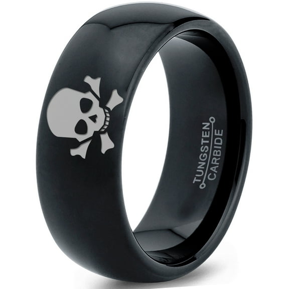Tungsten Skull and Crossbones Bones Band Ring 8mm Men Women Comfort Fit Black Dome Polished