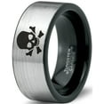 thumbnail image 1 of Tungsten Skull and Crossbones Bones Band Ring 8mm Men Women Comfort Fit Brushed Gray Flat Cut Black Polished, 1 of 4
