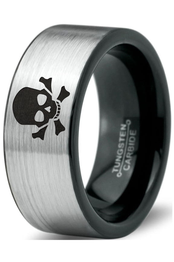 Tungsten Skull and Crossbones Bones Band Ring 8mm Men Women Comfort Fit Brushed Gray Flat Cut Black Polished