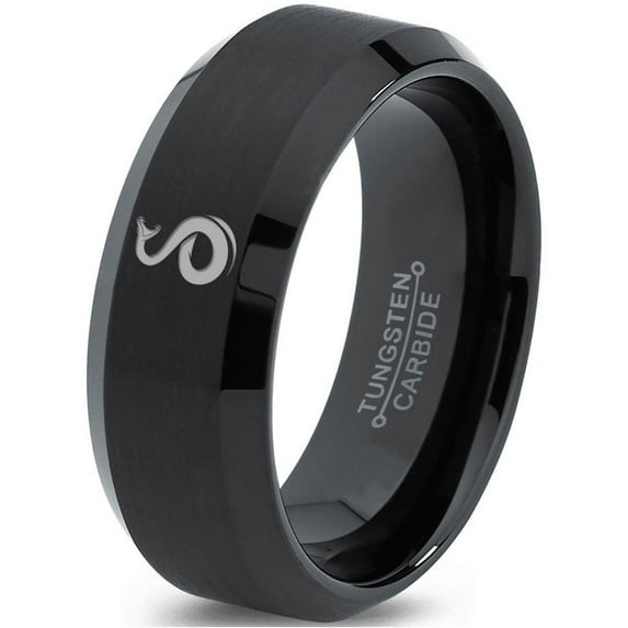 Tungsten Snake Serpent Slither Rattle Bite Band Ring 8mm Men Women Comfort Fit Black Beveled Edge Brushed Polished