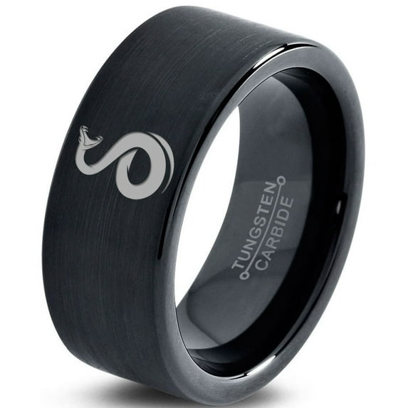 Tungsten Snake Serpent Slither Rattle Bite Band Ring 9mm Men Women Comfort Fit Black Flat Cut Brushed Polished