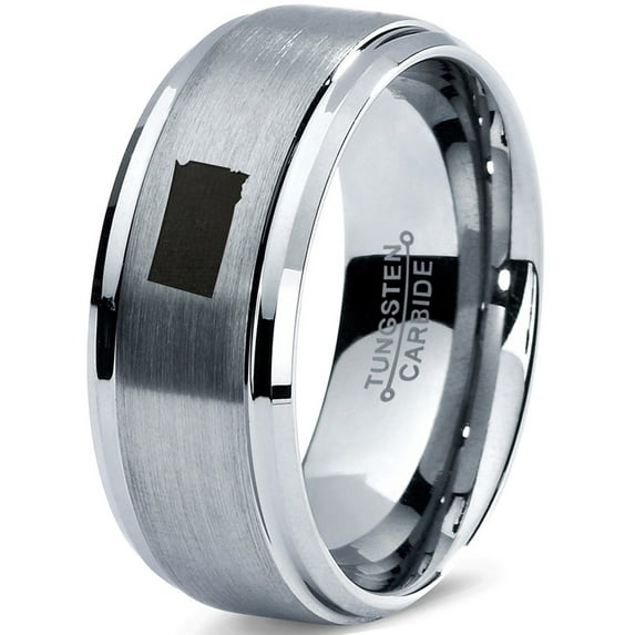 Tungsten South Dakota The Mount Rushmore State Band Ring 8mm Men Women Comfort Fit Gray Step Bevel Edge Brushed Polished