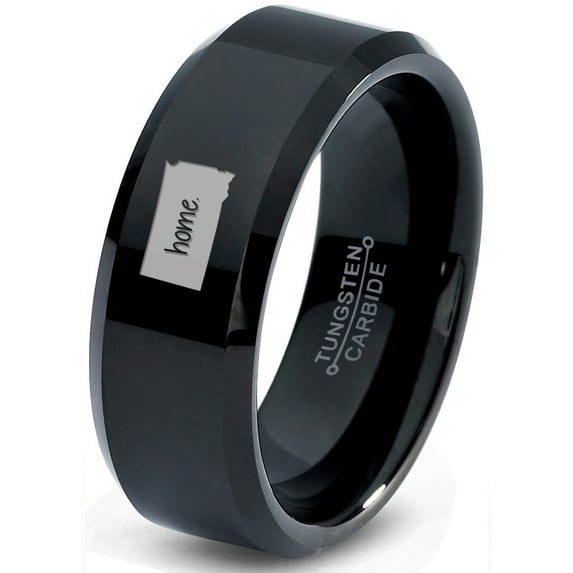 Tungsten South Dakota The Mount Rushmore State Home Band Ring 8mm Men Women Comfort Fit Black Beveled Edge Polished