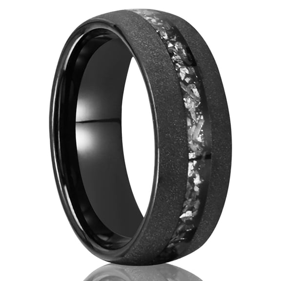 Tungsten Steel Arc Sandblasting Electric Black Inlaid Meteorite Ring