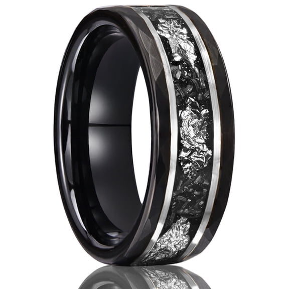 Tungsten Steel Men's 8mm Wide Black Hammer Pattern Tungsten Steel Ring Inlaid with Imitation Meteorite Silver Foil Ring